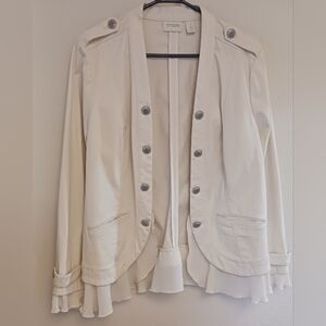 Chico's Ruffle Romance Jacket Silver Button Relaxed Front Open Natural Siz 1 Med